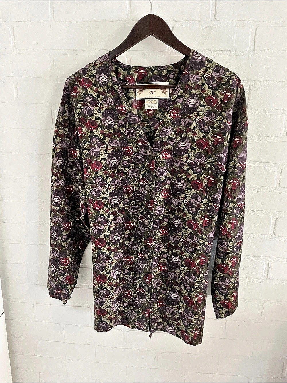 Tristan & Iseut Vintage 90s Silk Rose Print Tie Back Blouse Oversized Sz S - Picture 5 of 16
